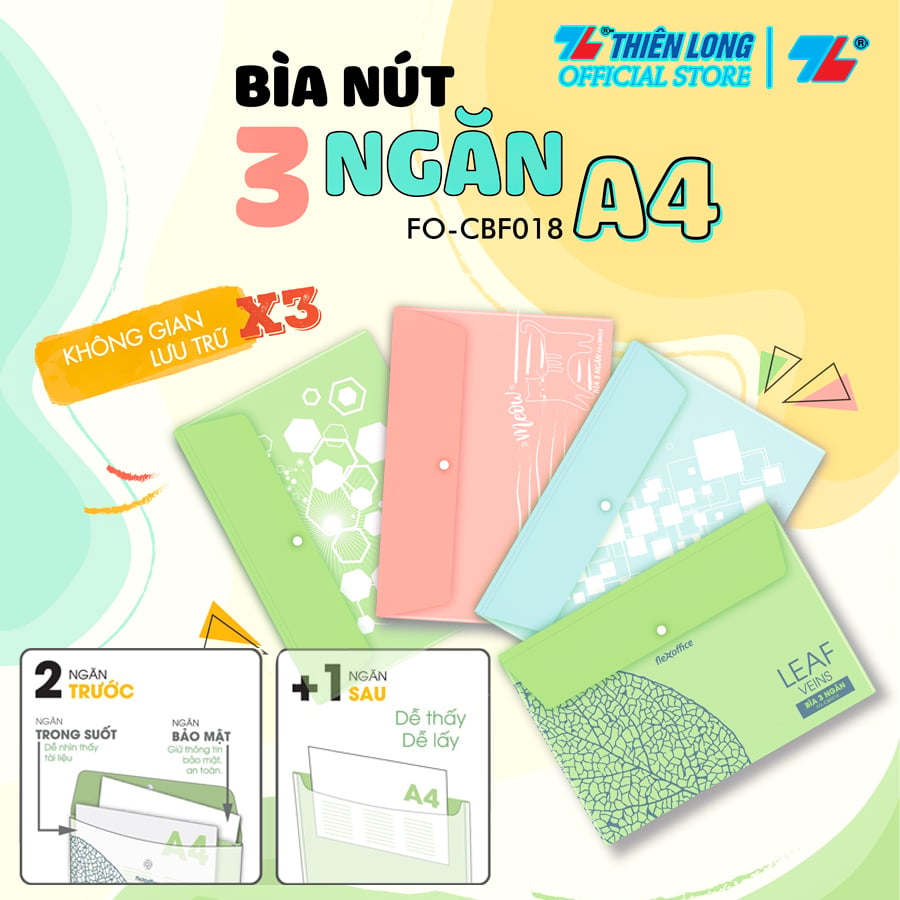 Combo 2 Bìa nút 3 ngăn Thiên Long Flexoffice FO-CBF018 (chứa 130 tờ A4)