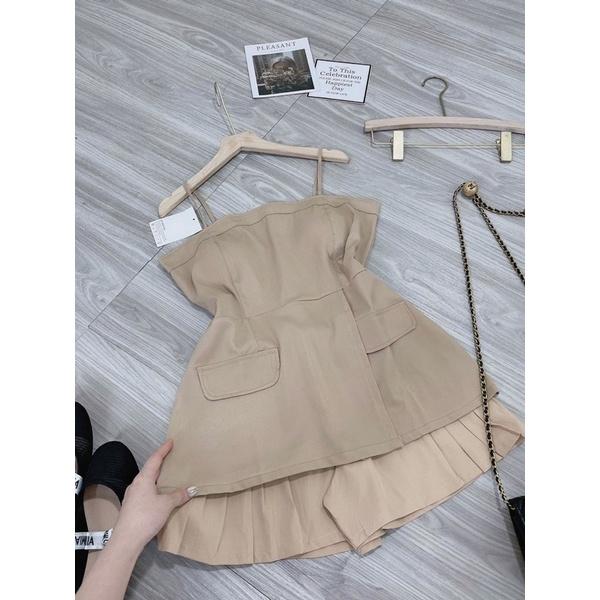 SET ÁO 2 DÂY KEM CÚP NGỰC TÚI HÔNG MIX CHÂN VÁY KEM CỰC XINH