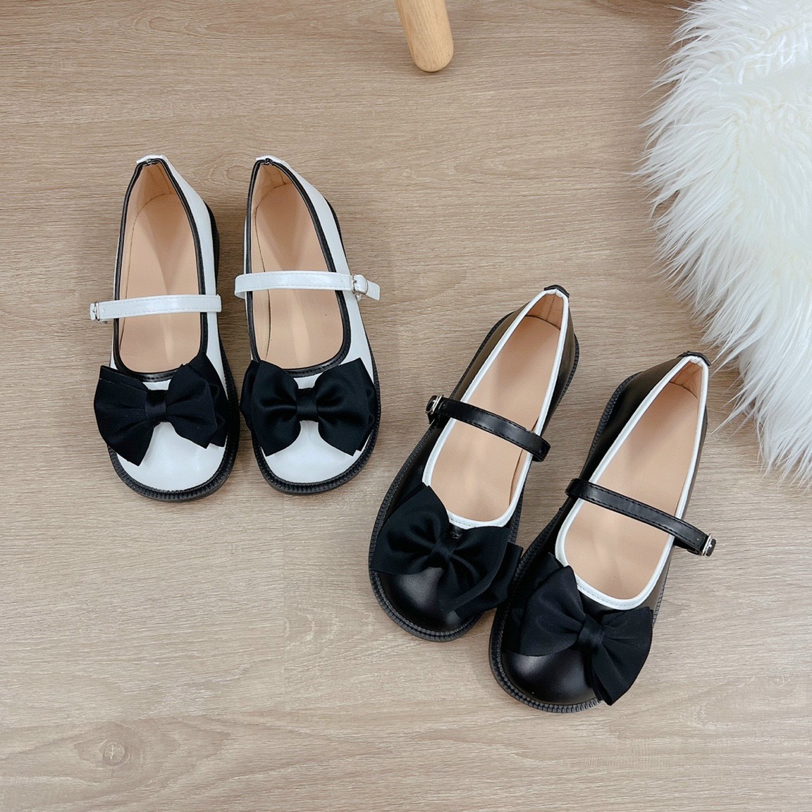 Giày búp bê nữ đính NƠ vải đế bệt, chất da mềm, giày lolita phong cách cổ điển