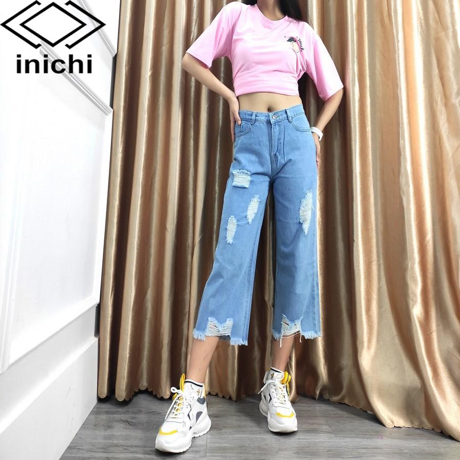 Quần baggy jean nữ Q702 xanh nhạt cạp cao kiểu rách form ống rộng INICHI Official