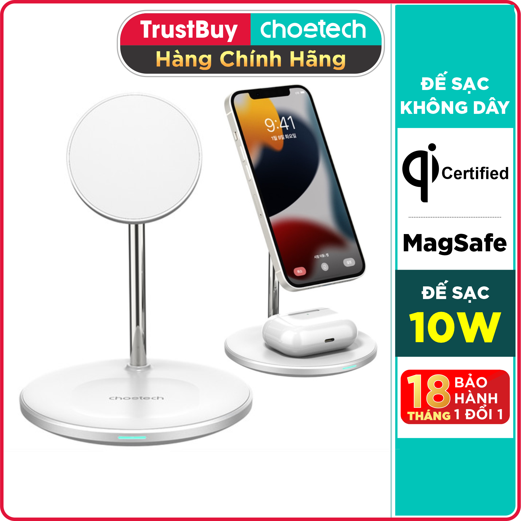 Đế Sạc Không Dây MagSafe 10W Dành Cho iPhone 12 Series, iPhone 13 Series, iPhone 14 Series Và Tai Nghe AirPod Chân Đế Đứng CHOETECH T581-F - Hàng Chính Hãng