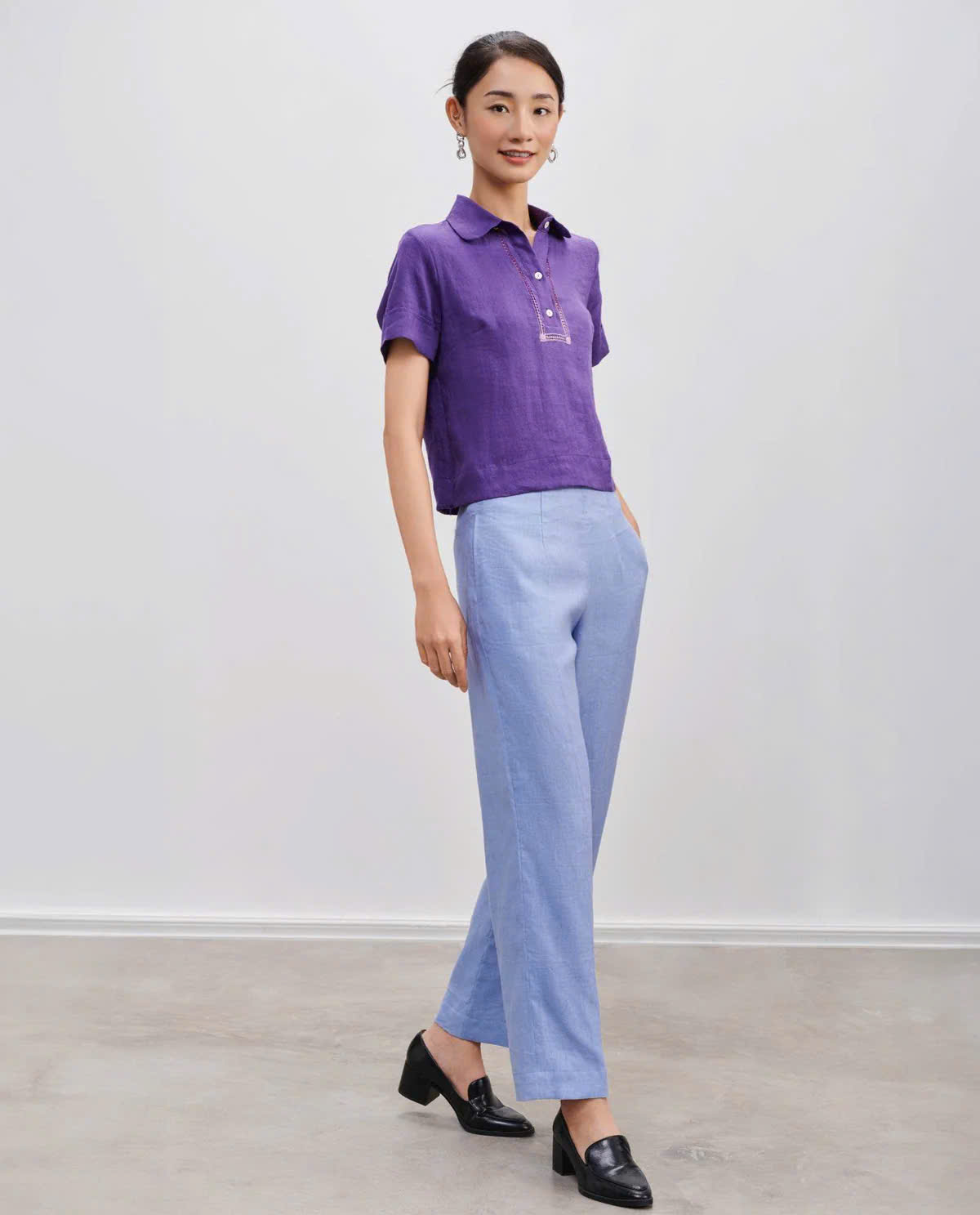 Áo Sơ Mi Nữ Cổ Trụ Tay Ngắn, Áo Sơ Mi Rua Rút Chỉ Linen Tím TOP195 thời trang thiết kế Hity