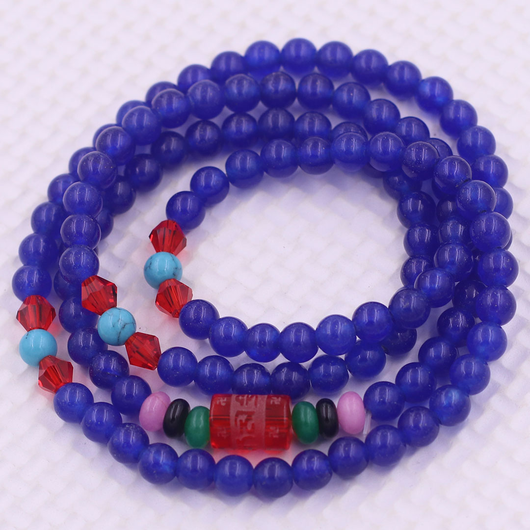 Vòng chuỗi 108 hạt đá thạch anh xanh dương charm lục tự kim ngôn - hạt 8 ly , vòng chuỗi niệm Phật, vòng chuỗi đeo tay