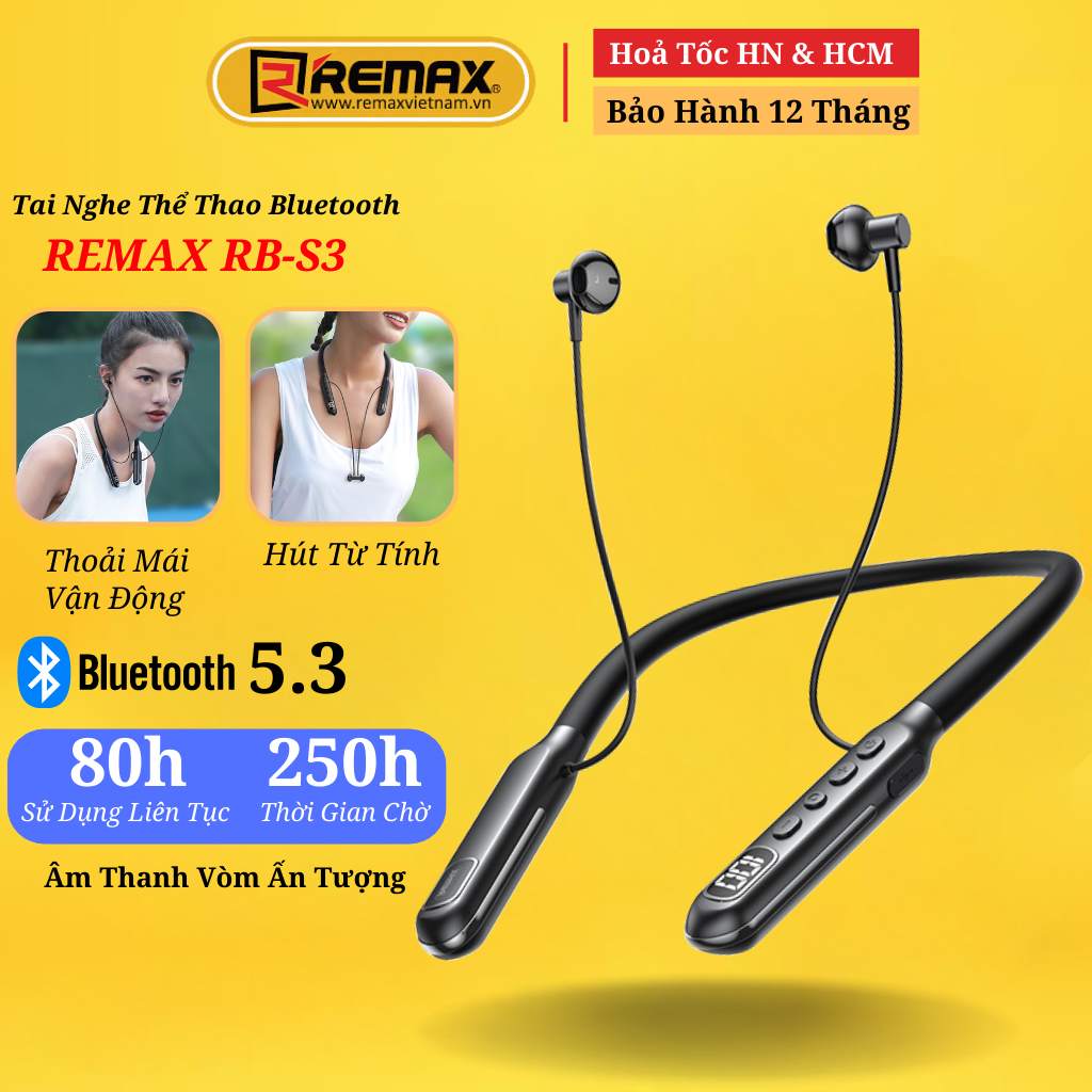 Tai nghe Bluetooth thể thao quàng cổ Remax RB-S3 Nghe nhạc 80h liên tục - Hàng Chính Hãng Remax