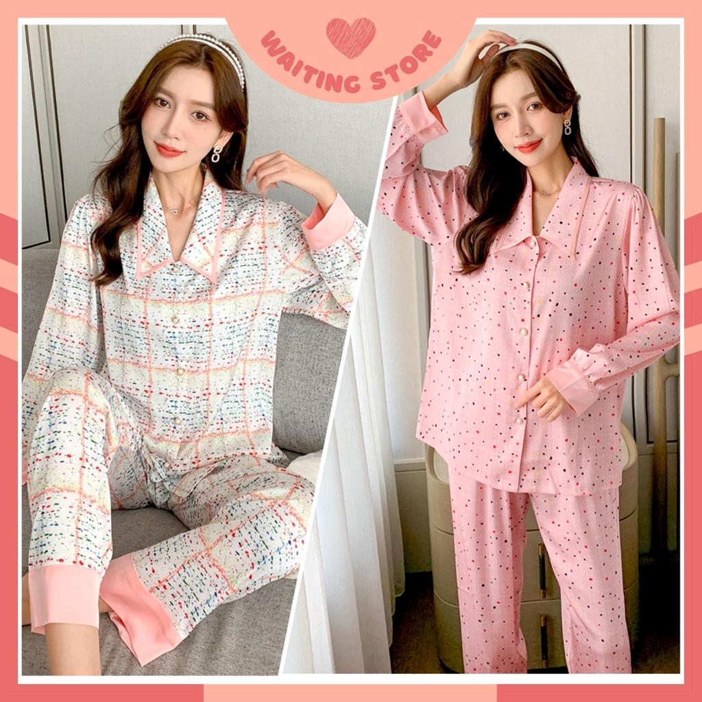 Đồ Bộ Nữ - Bộ Lụa Dài Tay Cao Cấp Mặc Nhà Cổ Áo Đẹp, Hoạ Tiết Chấm Nhỏ DDLP21