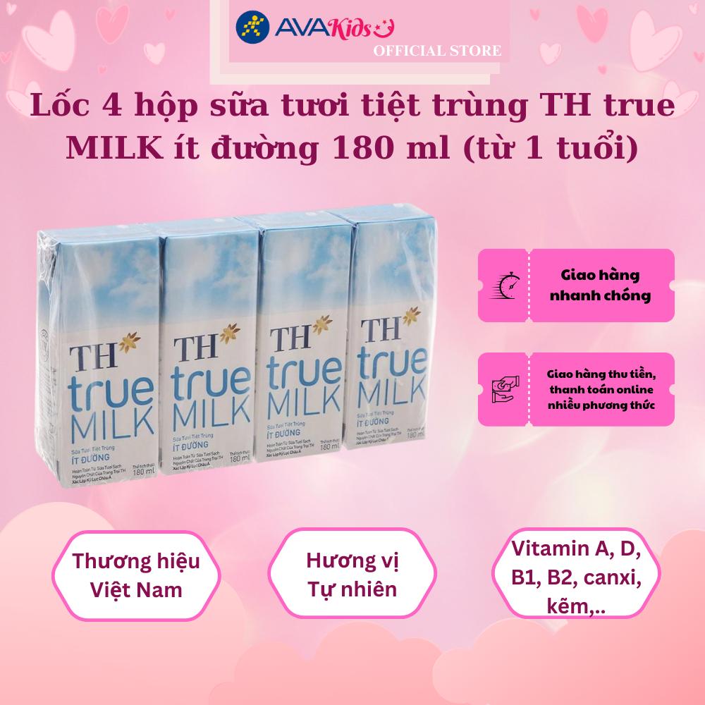 Lốc 4 hộp sữa tươi tiệt trùng TH true MILK ít đường 180 ml (từ 1 tuổi)