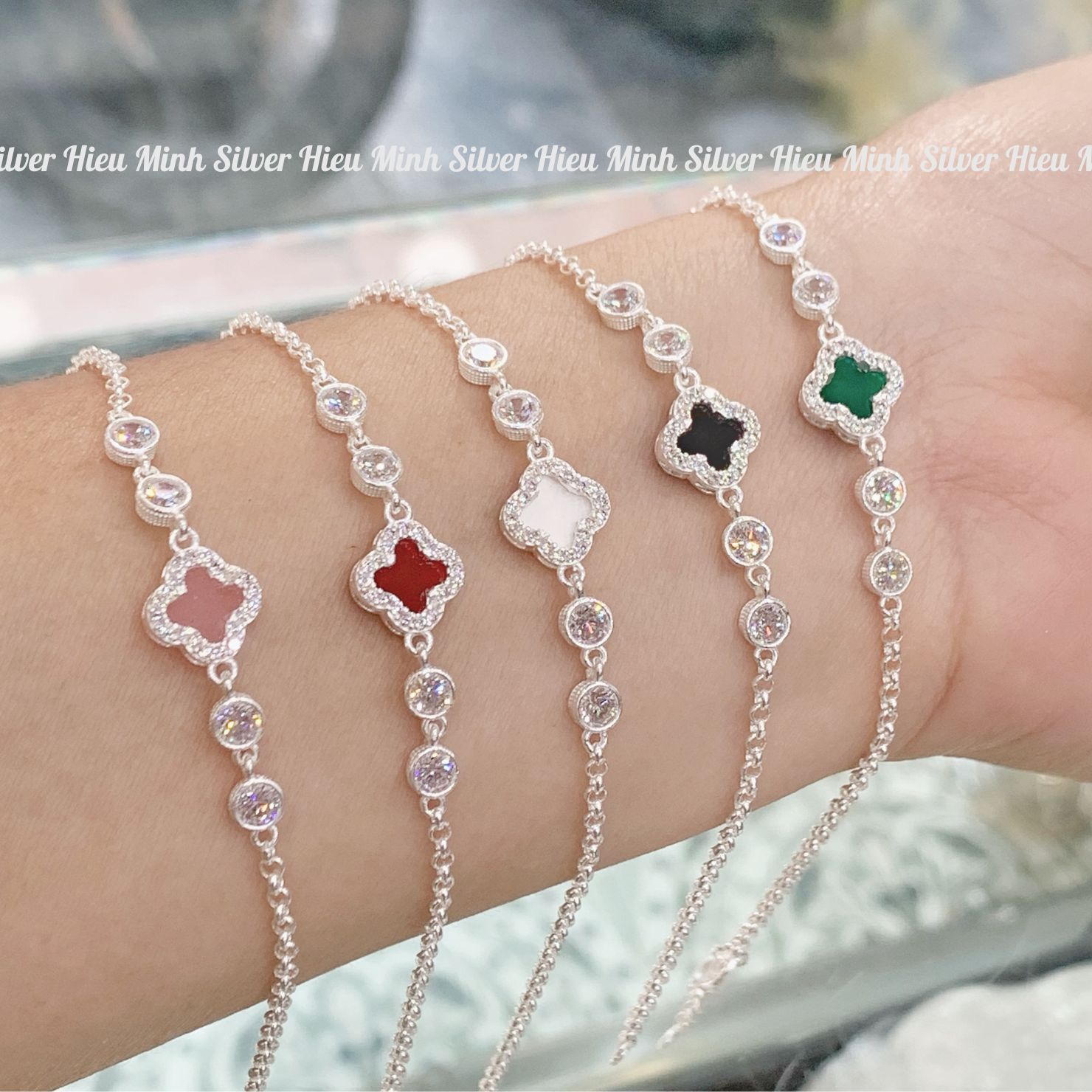 Lắc Tay Nữ Bạc Ta Mix Cỏ Bốn Lá Nhiều Màu BẠC HIỂU MINH LTU646