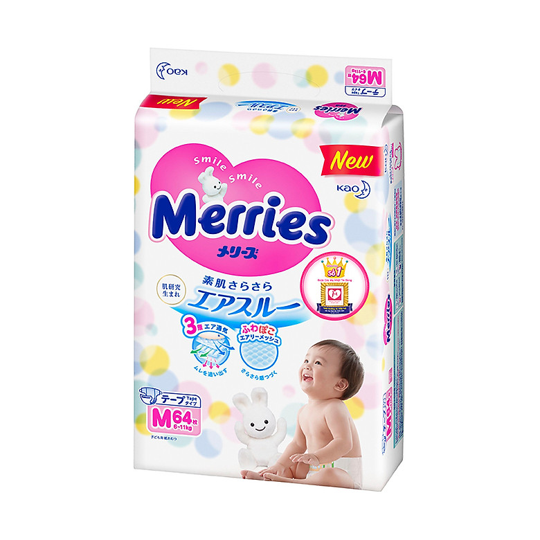 Combo 2 Tã Dán Merries M64 tặng khăn tắm sợi tre hình thỏ đáng yêu và đồ chơi tắm Toys House