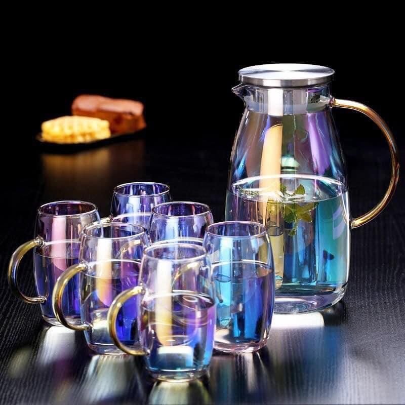Bộ bình nước + 6 cốc thuỷ tinh đổi màu chịu nhiệt 1,8L cao cấp mẫu mới 2021