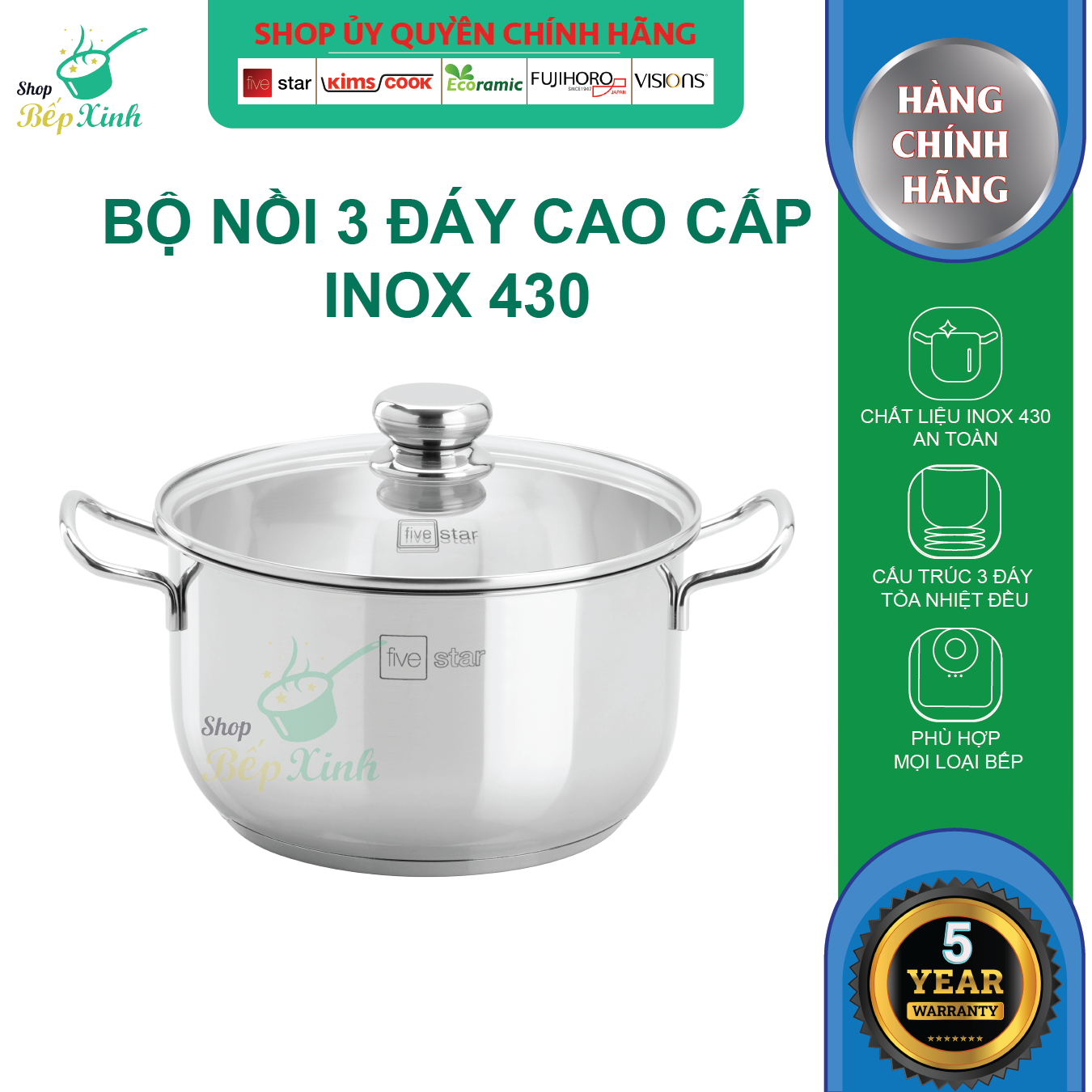 Nồi inox Fivestar 3 đáy từ nắp kính 26cm , tặng 2 muỗng canh