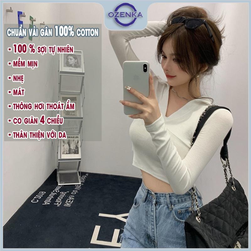 Áo croptop tay dài cổ polo sẻ v ôm nữ OZENKA , crt kiểu thanh lịch sang chảnh màu đen trắng mặc đi chơi dưới 55 kg