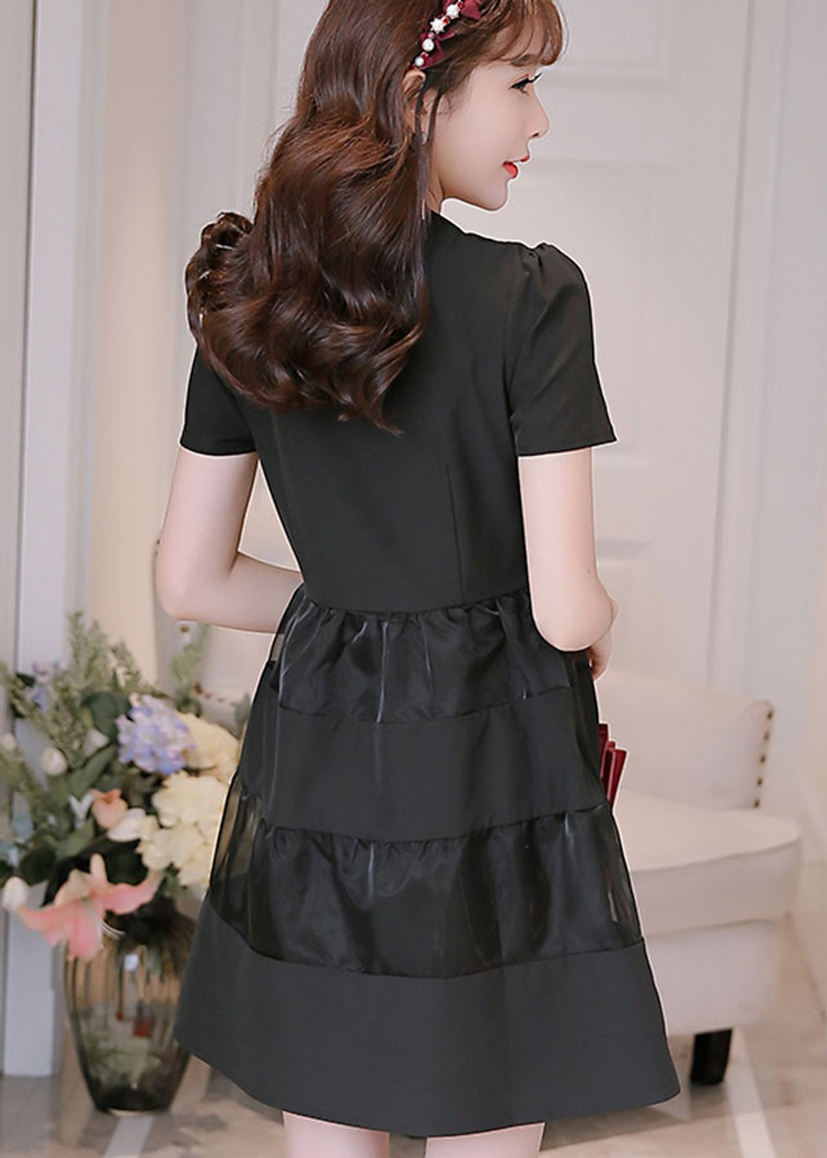 Đầm xòe phối voan lưới tiểu thư, thời trang trẻ, phong cách Hàn Quốc