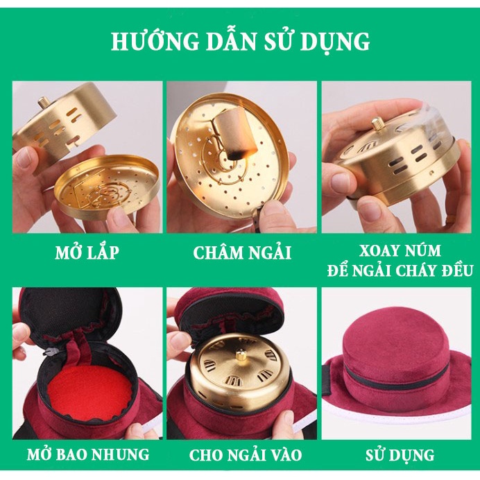 ( Gói 3) Đai xông ngải cứu Đôi kèm lư đồng, hộp 108 viên nhang ngải cứu, dụng cụ đốt ngải. Lư đồng cứu ngải, chườm ấm