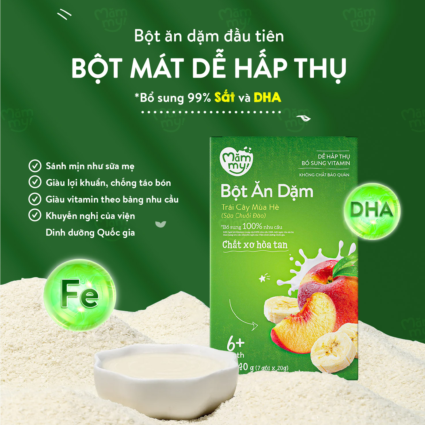 Bột ăn dặm trái cây mùa hè Mămmy kết hợp giữa sữa, chuối và đào bổ sung vitamin cho bé yêu - 140gr