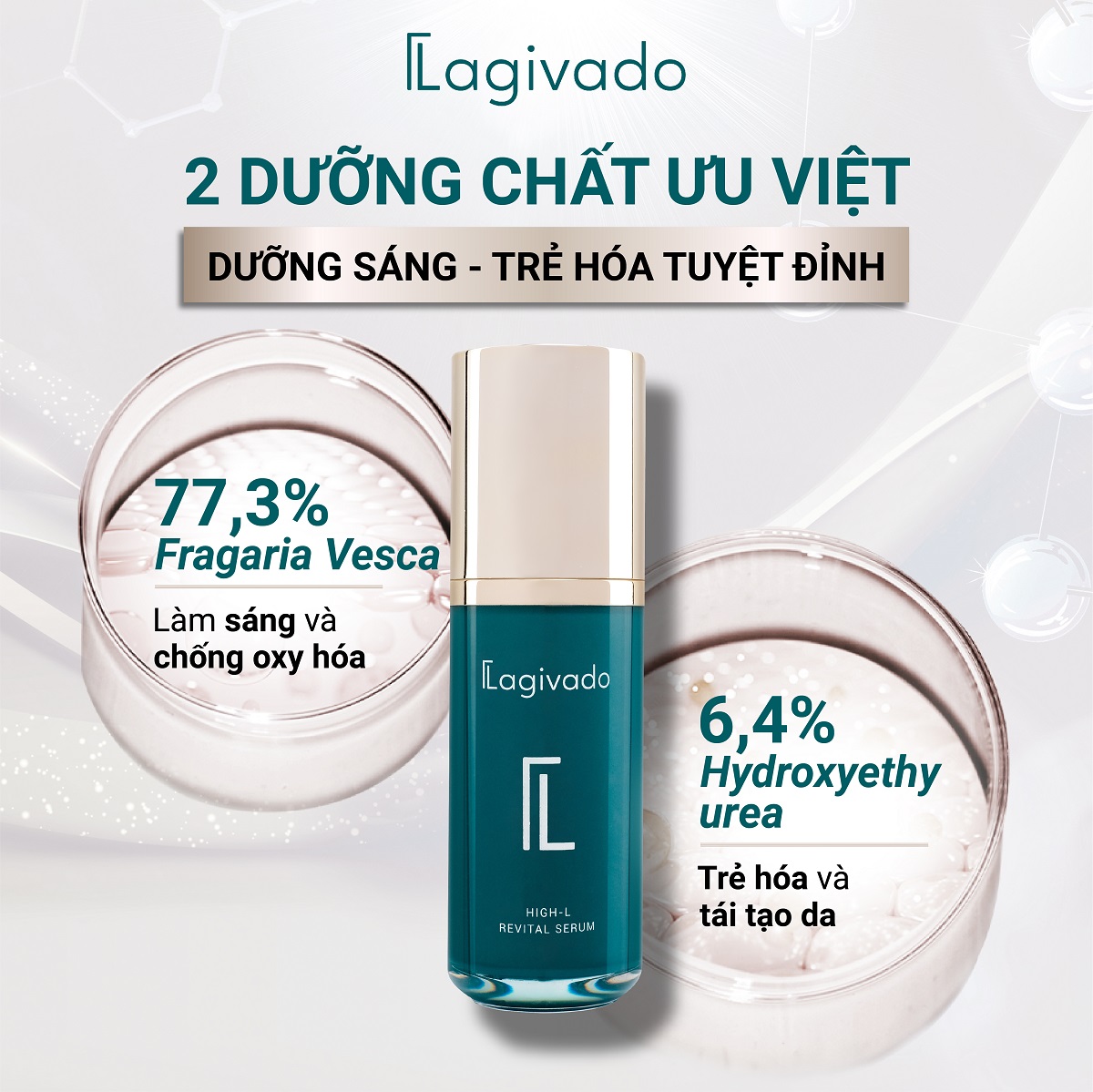 Serum dưỡng trắng da Lagivado High - L Revital với Fragaria vesca 77,3%, Hydroxyethyl urea 6,4 % - 50ml