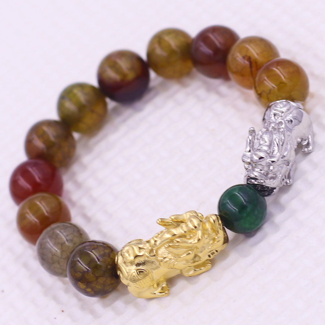 Vòng chuỗi đeo tay mã não vân rạn 12 ly charm tỳ hưu đôi inox trắng và vàng, vòng chuỗi phong thủy, charm tỳ hưu, vòng tay hạt chuỗi
