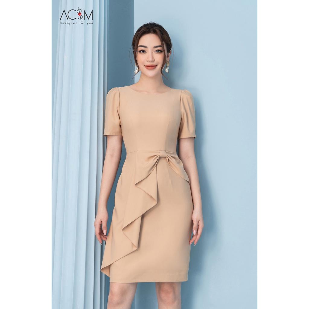 Đầm peplum nơ ly AC&amp;M cổ tròn chất liệu tuytsy nhật màu kem