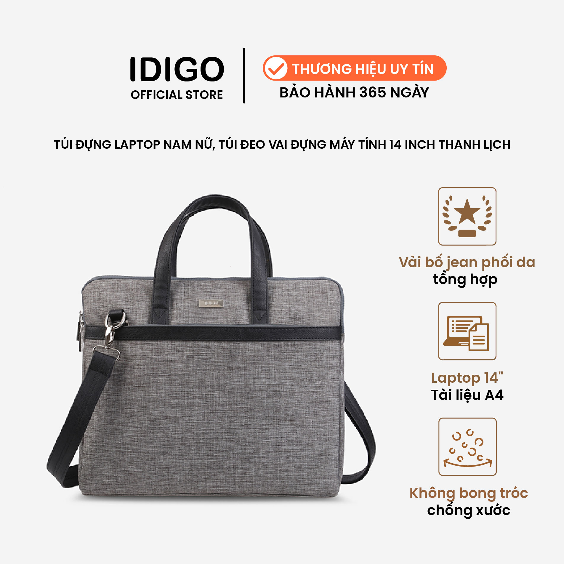Túi laptop unisex 14&quot; ngăn kéo trước thanh lịch IDIGO MB2-410-522
