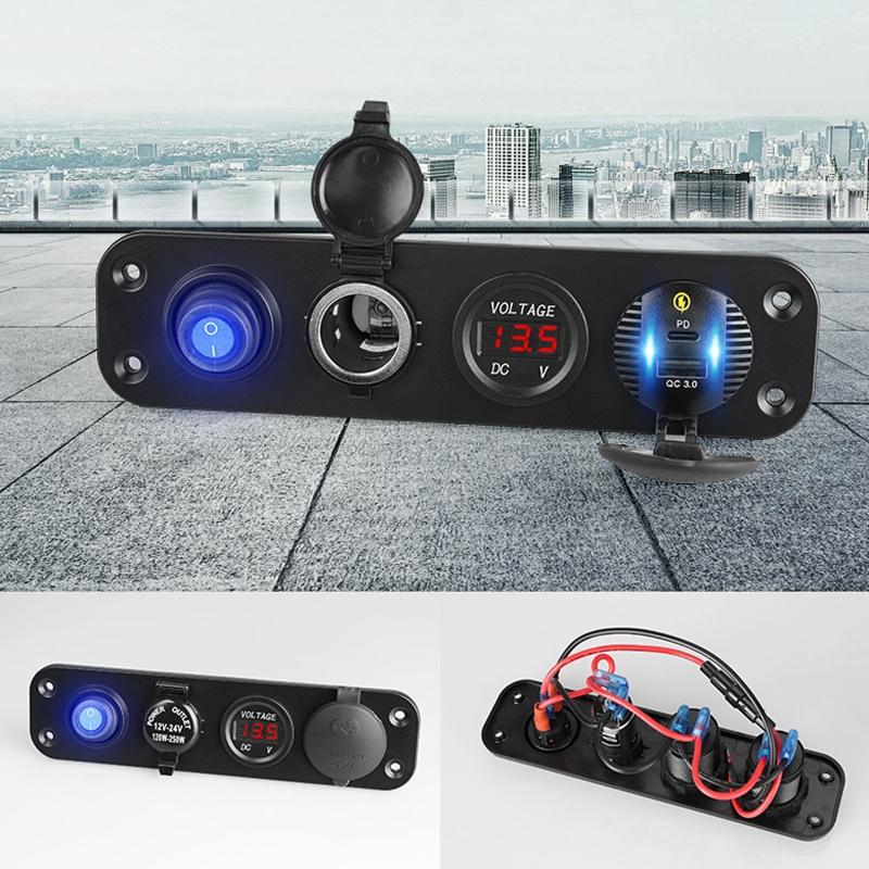 Xe QC3.0 USB TYPE C PD Bộ sạc nhanh LED Voltmeter 12v Outlet On-Off Switch Panel cho xe thuyền Marine RV Truck Camper