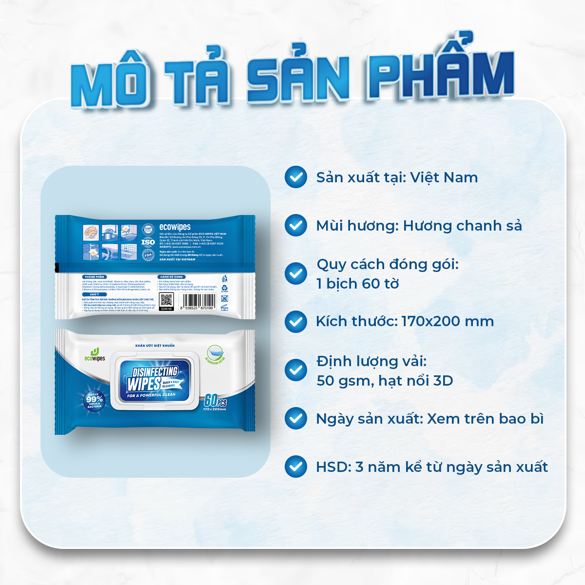 Khăn giấy ướt diệt khuẩn Ecowipes gói 60 tờ Disinfecting Wipes diệt 99,9% vi khuẩn hương chanh dịu nhẹ không kích ứng da