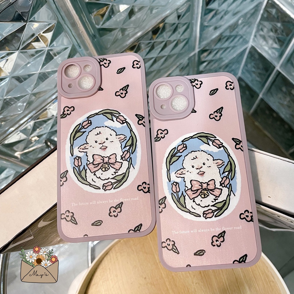 Ốp iPhone Silicon chống sốc có kính bảo vệ camera họa tiết hình cừu màu hồng tím cho iPhone 14, 13, 12, 14 Plus, Pro Max