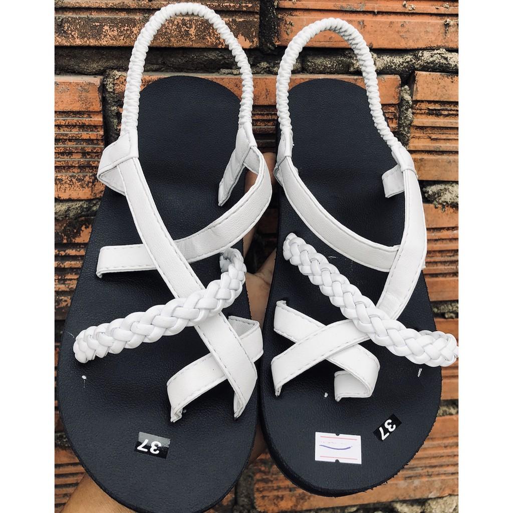 Sandal nữ đế đen quai trắng phối bính trắng size từ 34 đến 42