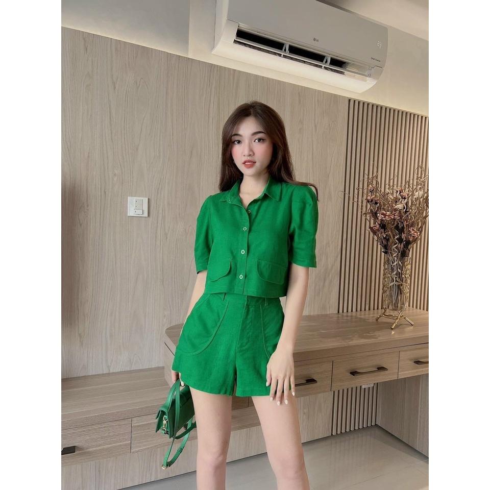 Sét bộ đồ nữ ngắn tay kèm quần ống rộng xinh xắn với 4 màu sắc (Xanh, Vàng, Da, Đỏ