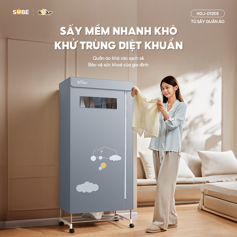 Tủ Sấy Quần Áo Bear Máy Sấy Quần Áo Tủ Sấy Nhanh Khô Diệt Trùng Khử Khuẩn  D12D5 - Hàng chính hãng