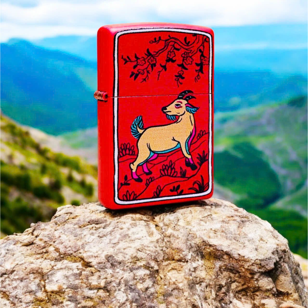 Bật lửa Zippo Year of the Goat - Phiên Bản 12 Con Giáp (Tuổi Mùi) Thiết Kế Việt Nam, Sơn Tĩnh Điện Đỏ May Mắn Chính Hãng