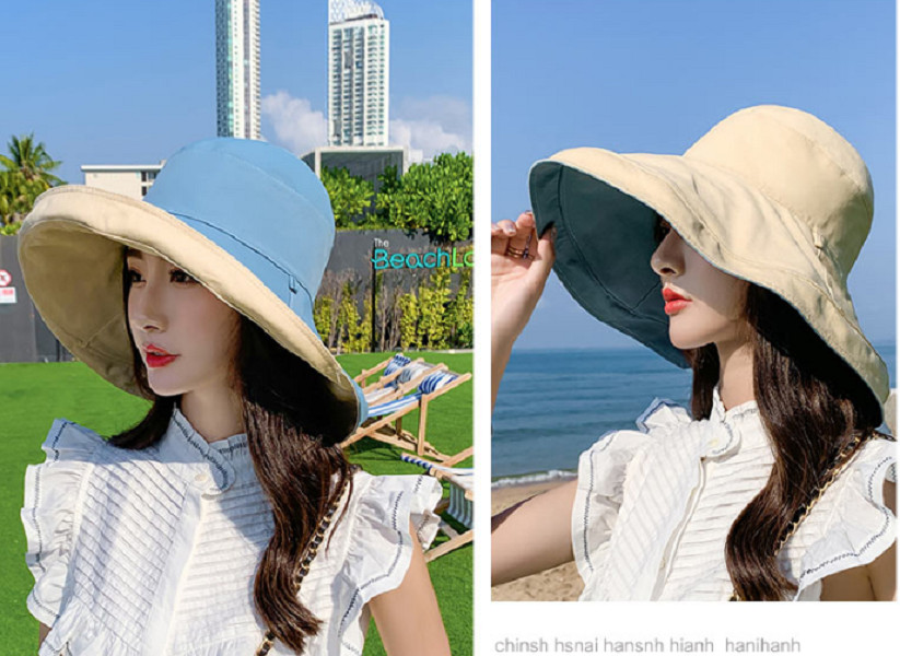 Mũ nón chống nắng rộng vành đội 2 mặt cỡ lớn màu xanh