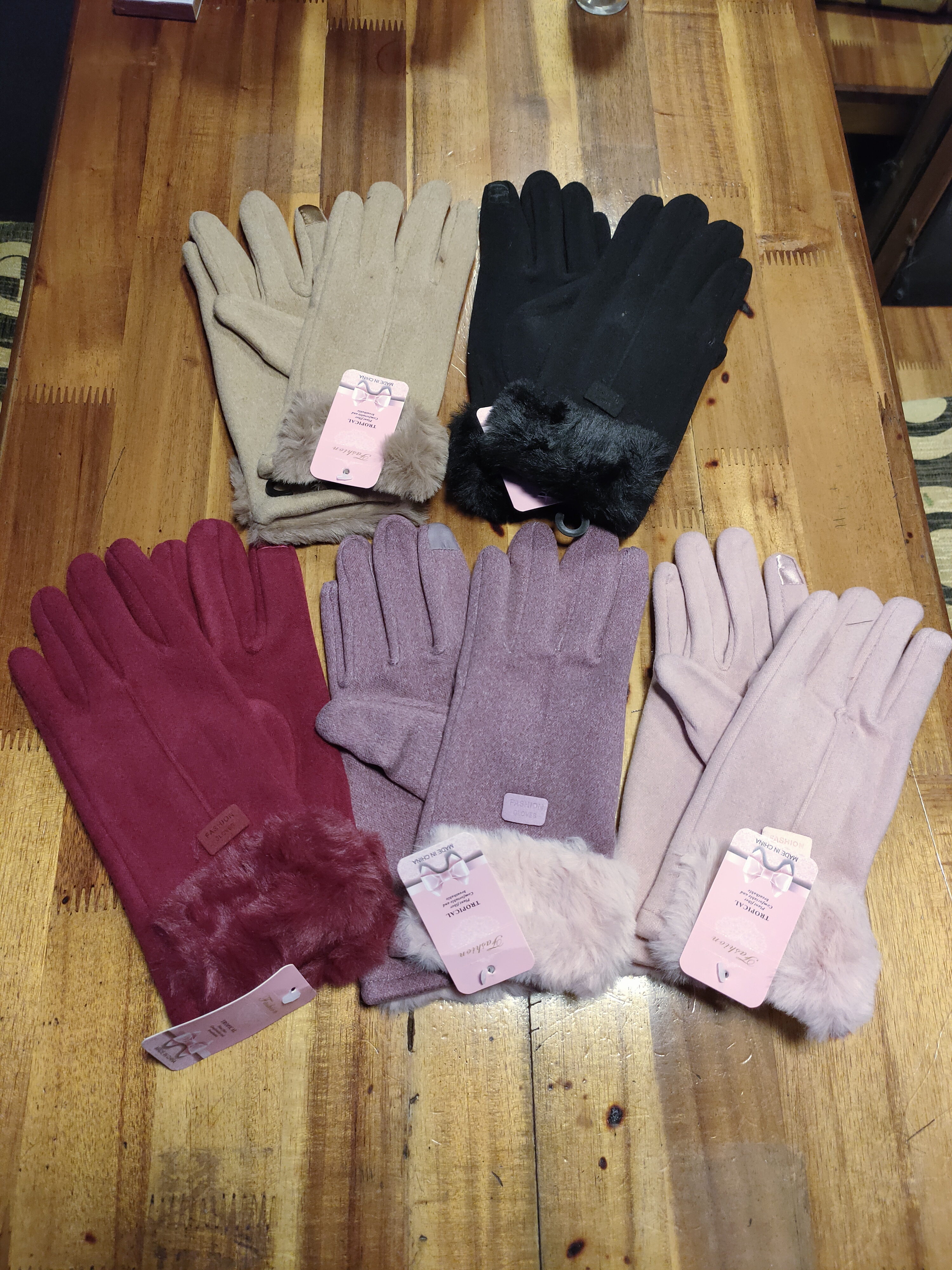 Găng tay nữ da lộn lót nhung cổ lông cao cấp có cảm ứng nhiệt