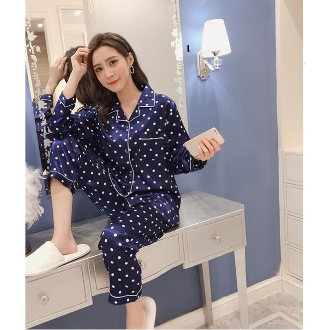 Bộ Đồ Mặc Nhà Pijama Phi Lụa Họa Tiết Chấm Bi CDANP15