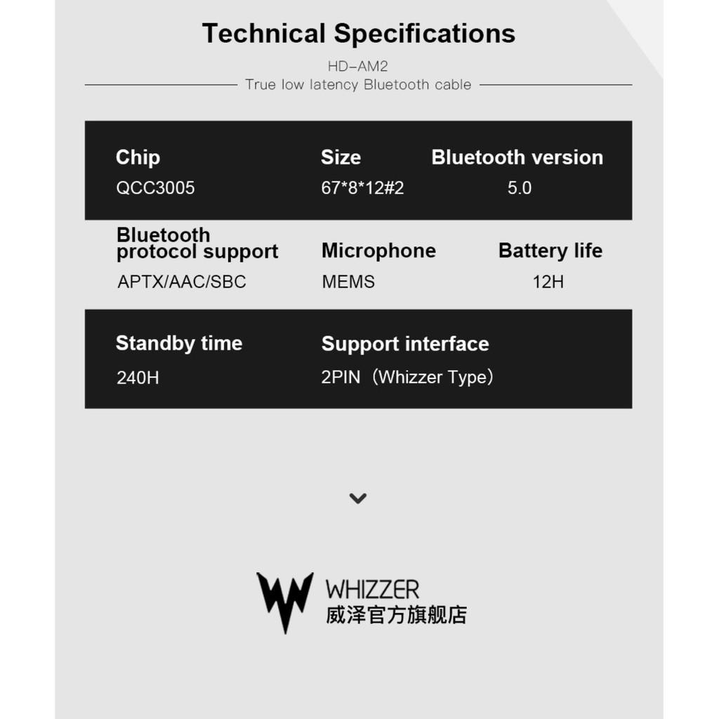 Cáp bluetooth cao cấp WHIZZER AM2, Bluetooth 5.0 công nghệ APTX, Chip qualcomm, Cho Whizzer, KZ, TRN, CCA...- Hàng chính hãng