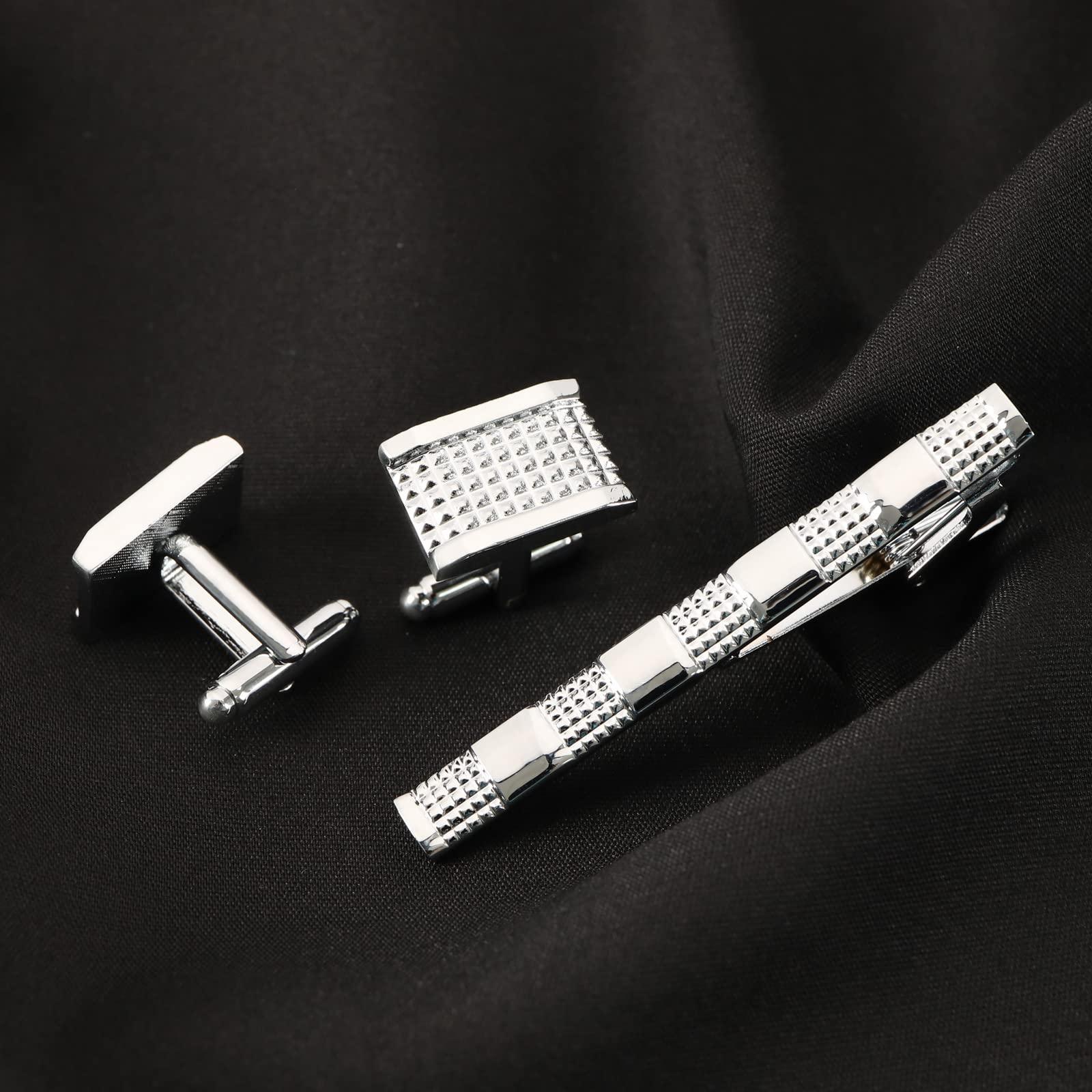 Tập hợp 3 kìm cà vạt và những chiếc cufflinks cho nam giới - cho tiệc cưới, cuộc họp kinh doanh, Ngày của Cha, Ngày Valentine - Bạc, Bạc.