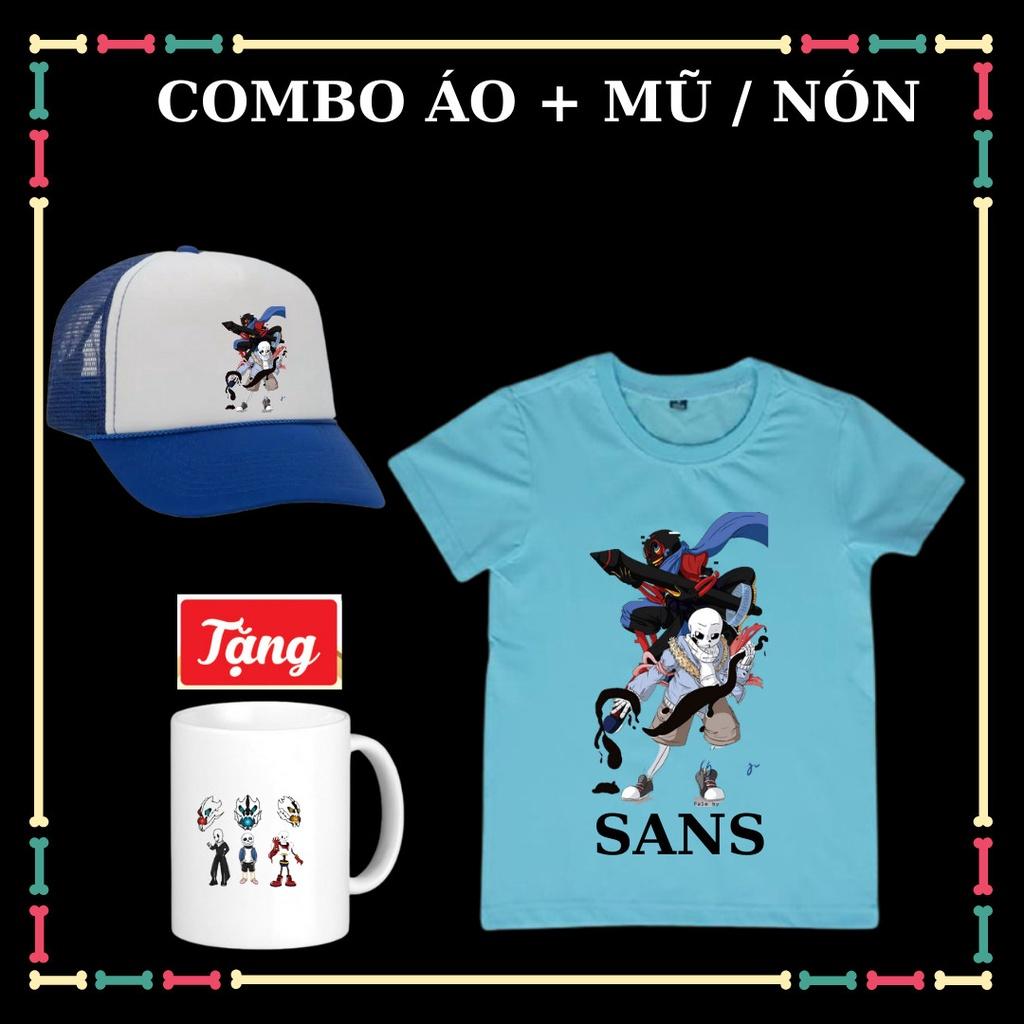 Set áo thun trẻ em Sans Undertale siêu ngầu, kèm Mũ Sans, Huy Hiệu bé trai, bé gái