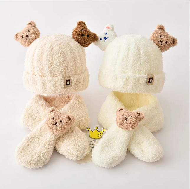 Set mũ len lông cừu kèm khăn 2 chú gấu cao cấp, mũ len gấu 3D lông cừu kèm khăn quàng cổ cho bé 0-4 tuổi