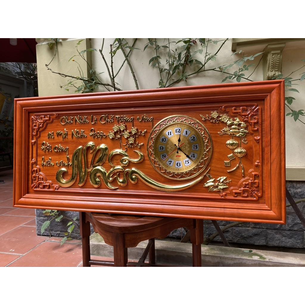 Tranh đồng hồ gỗ hương 48 x 108cm Chữ Nhẫn