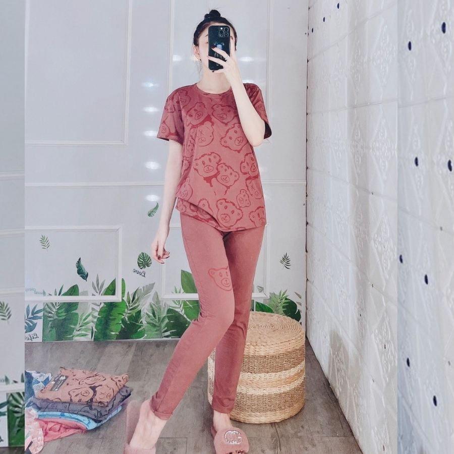 Đồ bộ nữ đồ mặc nhà đồ ngủ thun thể thao bigsize cotton trung niên dễ thương mùa hè quần dài gấu in cao cấp ESHOP DB17