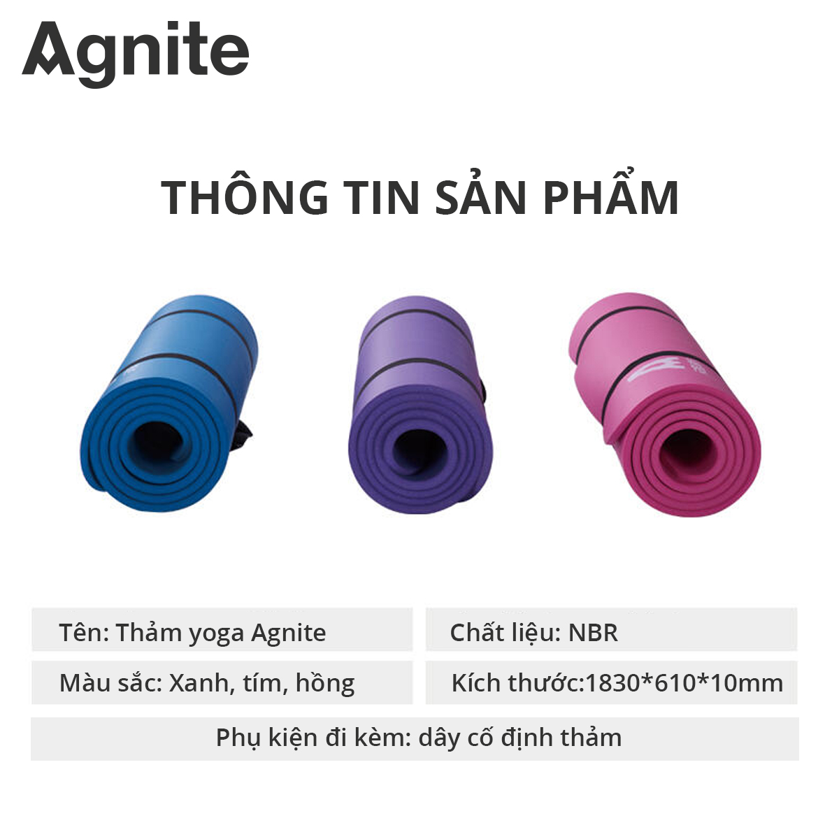 Thảm tập Yoga và GYM chuyên dụng dày 10mm Agnite - NBR nguyên khối, độ đài hồi tốt, chống lún - Chống trơn trượt, độ bám cao, ngăn ngừa hôi và ẩm mốc - Kèm dây buộc - Hàng chính hãng - F4174