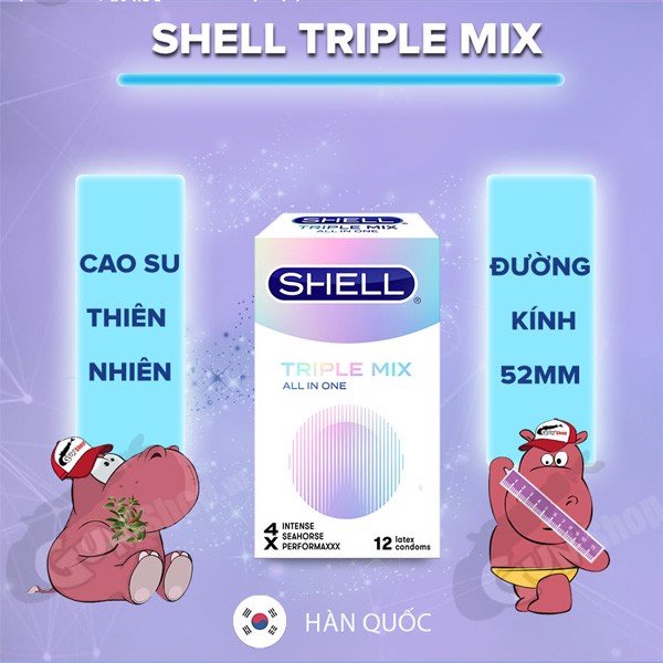 [Hộp 12 cái] Bao cao su Shell Triple Mix - Siêu mỏng, mát lạnh, gân gai kèm 1 chiếc BCS Gun Super Thin