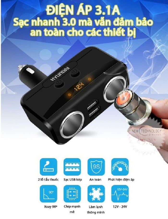 Bộ chia tẩu HY32 2 đầu tẩu, 2 cổng usb