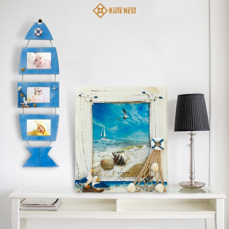 [Kute Nest] Khung hình để bàn bằng gỗ phong cách biển cả được làm thủ công tinh tế – Màu trắng – KT khung dài 19 x cao 24 cm, hình 13x18 cm