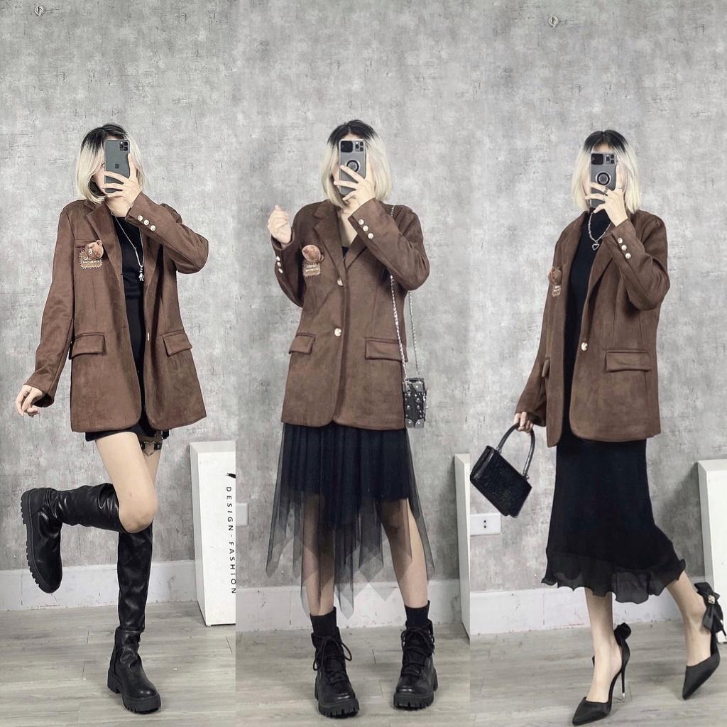 Áo Vest Nâu Phối Gấu Teddy Siêu Xinh, Áo Blazer Da Lộn Tặng Kèm Gấu Teddy AK165