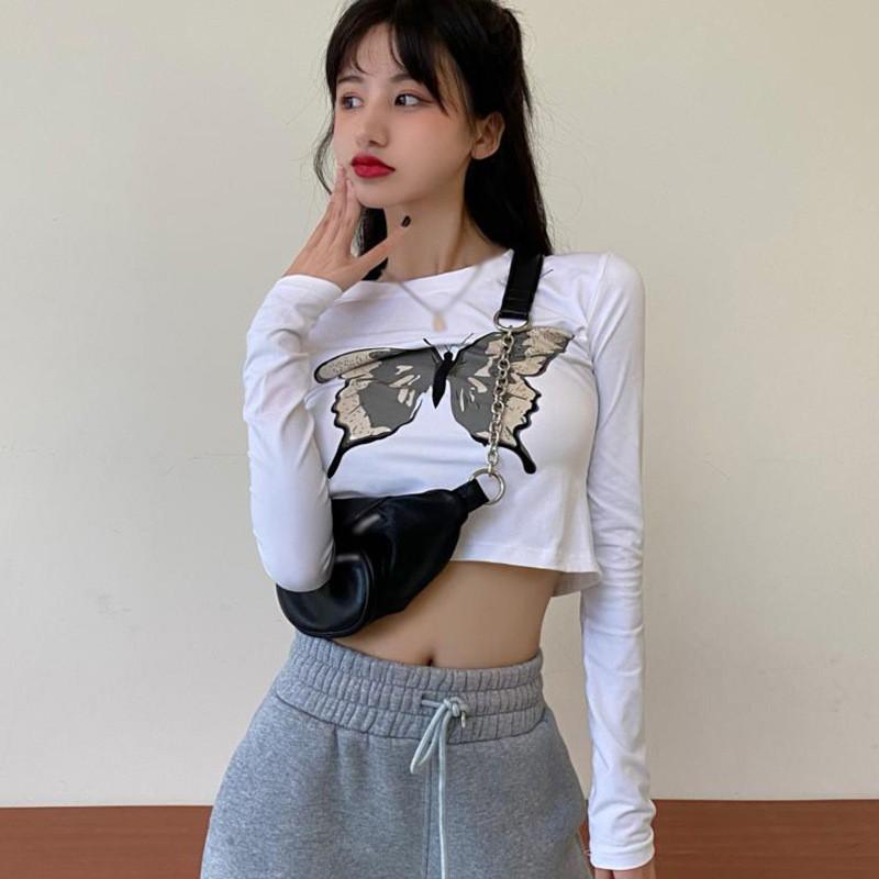 NEW BUTTERFLY Áo Thun Nữ Tay Dài Dáng Ôm In Hình Bướm Thời Trang