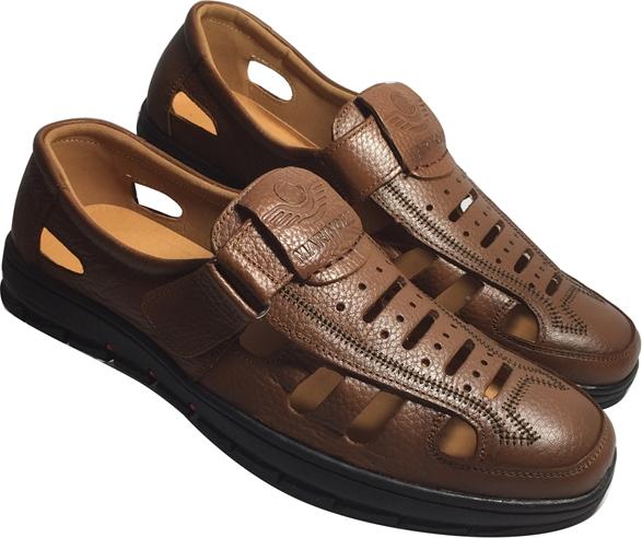 Giày tây da bò thật, thiết kế thoáng khí thích hợp với mùa hè, đế cao su có rãnh chống trượt an toàn, quai dán tiện lợi - HS63