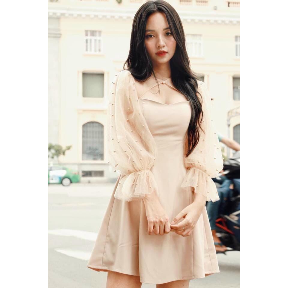 Đầm nữ tay dài phối lưới cổ tàu thời trang dự tiệc dạo phố
