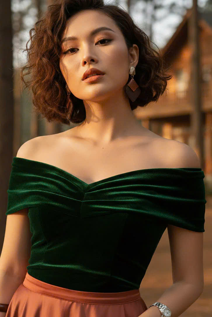 Áo Kiểu Nữ Cao Cấp Áo Trễ Vai Nhung Xanh Thời trang thiết kế Hity TOP115