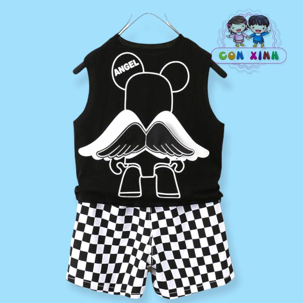 Bộ đồ bé trai CON XINH cotton áo sát cánh Thiên thần phối quần họa tiết Caro, thời trang cho trẻ em từ 4 đến 10 tuổi