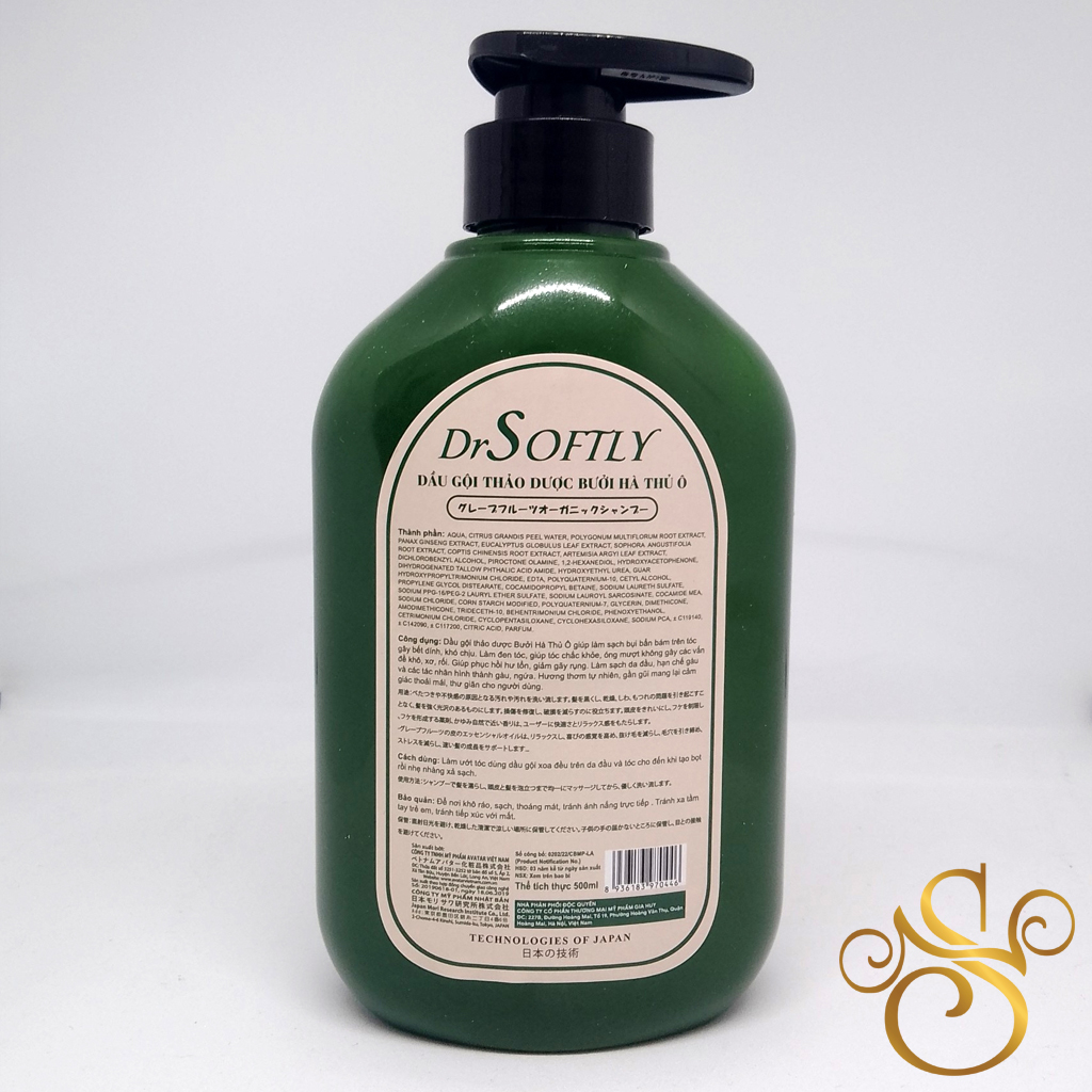 Dầu xả thảo dược Bưởi Hà Thủ Ô DrSoftly - Grapefruit Organic Conditioner 500ml (sạch gàu, giảm gãy rụng, chống xơ rối, giúp tóc đen và bóng mượt)