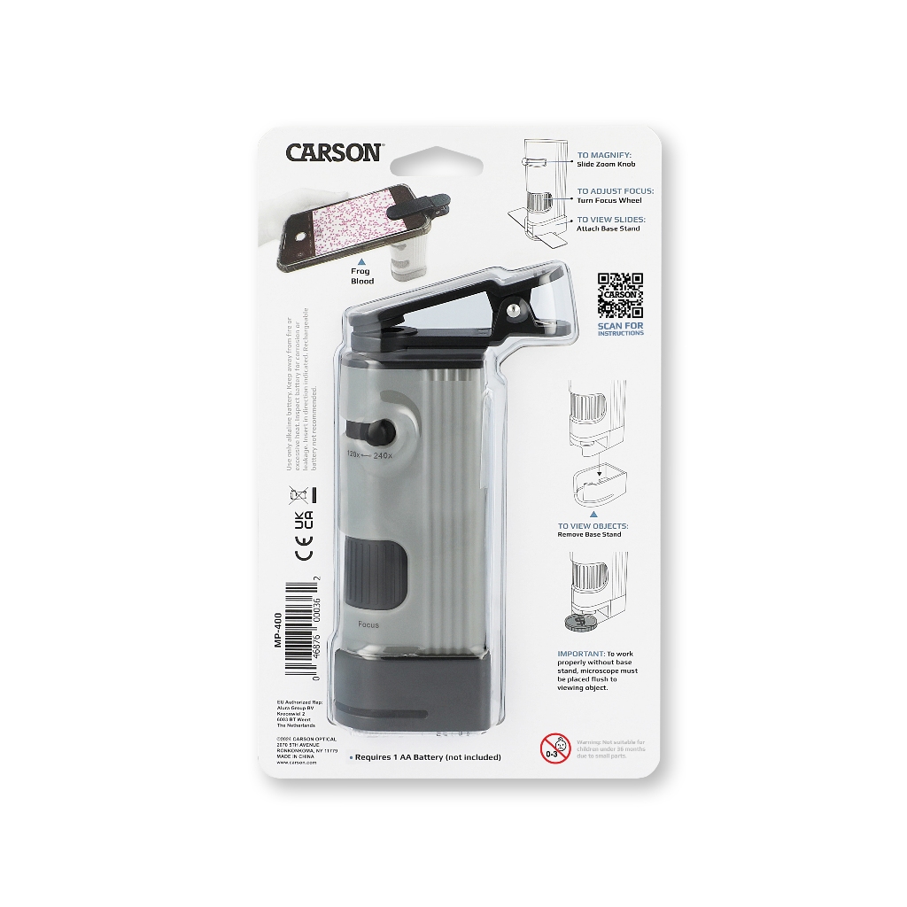 Kính hiển vi bỏ túi kèm kẹp điện thoại thông minh Carson MP-400 (120 - 240x) (Hãng Carson - Mỹ)- Hàng chính hãng